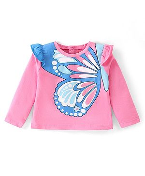 Babyhug Cotton Knit Full Sleeves Butterfly Printed Top with Frill Detailing - Pink