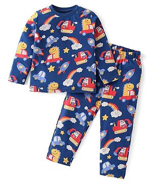 Babyhug Cotton Knit Full Sleeves Night Suit With Cars Print - Navy Blue