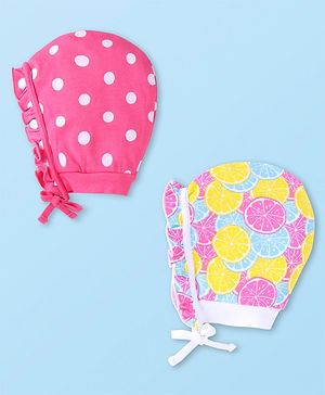 Babyhug 100% Cotton Knit Polka Dot & Fruit Printed Caps Pack of 2 - Pink & Yellow