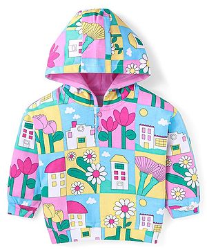 Babyhug Cotton Knit Full Sleeves Hooded Sweatshirt with Floral Print - Pink Blue & Yellow