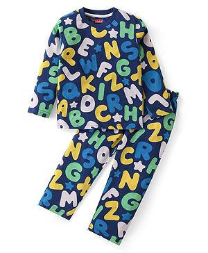 Babyhug Cotton Knit Full Sleeves Night Suit With Alphabets Print - Navy