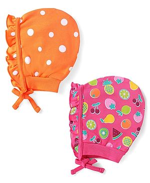 Babyhug 100% Cotton Knit Polka Dots & Fruit Printed Caps Pack of 2 - Orange & Pink