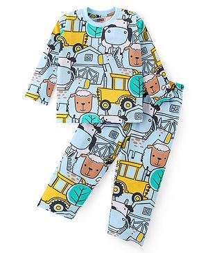 Babyhug Cotton Knit Full Sleeves Night Suit With Animal & Vehicles Print - Light Blue