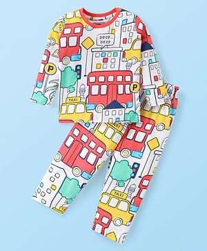 Babyhug Cotton Knit Full Sleeves Night Suit With Vehicles Print - Off White