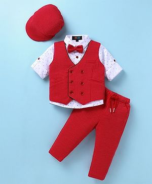 Robo Fry Lycra Knit Full Sleeves Solid Colour 3 Piece Party Suit with Hat & Bow - Red