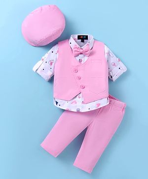 Robo Fry Lycra Knit  Half Sleeves Printed 3 Piece Party Suit with Cap & Bow - Pink