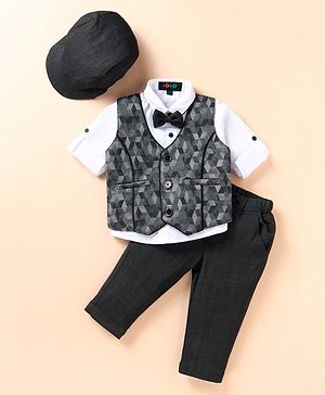 Robo Fry Lycra Knit Full Sleeves Geometric Printed 3 Piece Party Suit with Hat & Bow - Black