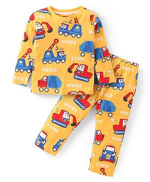 Babyhug Cotton Knit Full Sleeves Night Suit With Vehicles Print - Mustard