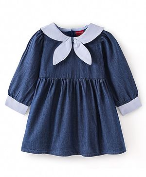 Babyhug Cotton Knit Full Sleeves Solid Colour Sailor Neck Frock With Collar  Detailing - Blue