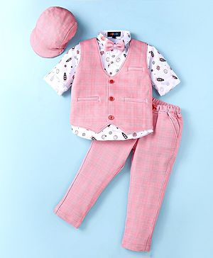 Robo Fry Knit Full Sleeves Space Theme Printed 3 Piece Party Suit With Bow Suspender & Hat - Pink