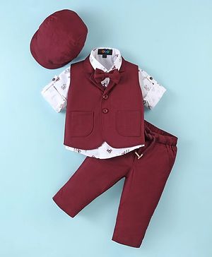 Robo Fry Lycra Knit Full Sleeves Solid Colour 3 Piece Party Suit with Bow & Hat - Burgundy