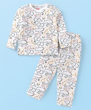 Babyhug Cotton Knit Full Sleeves Night Suit With Animals Print - White