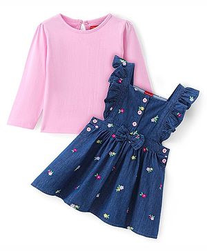 Babyhug Cotton Woven Full Sleeves T-Shirt with Floral Embroidered Frock - Navy Blue & Pink