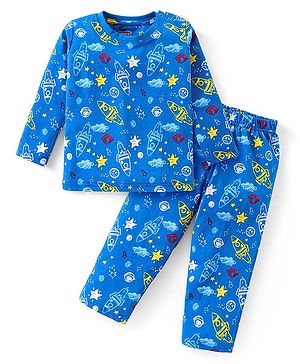Babyhug Cotton Knit Full Sleeves Night Suit With Space Theme Print - Blue