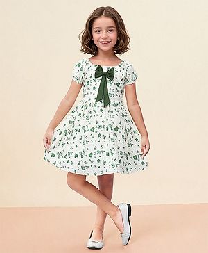 TOONYPORT Cotton Half Sleeves Floral Printed Dress - Green