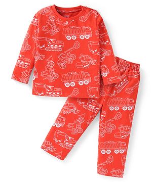 Babyhug Cotton Knit Full Sleeves Night Suit With Construction Vehicles Print - Red