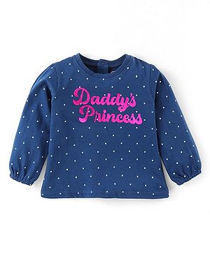 Babyhug Cotton Knit Full Peasant Sleeves Polka Dots & Text Printed Top - Navy Blue