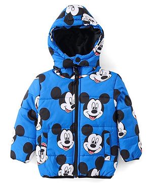 Babyhug Disney Woven Full Sleeves Padded Hooded Jacket with Mickey Mouse Graphics - Blue