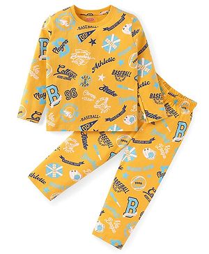 Babyhug Cotton Knit Full Sleeves Night Suit with Text & Varsity Print - Mustard