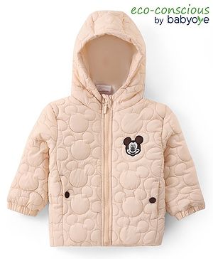 Babyoye Disney Woven Full Sleeves Padded Hooded Jacket with Quilted Design & Mickey Mouse Patch Applique - Beige