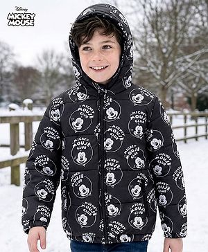 Pine Kids Disney Woven Full Sleeves Padded Hooded Jacket with Mickey Mouse Graphics - Black