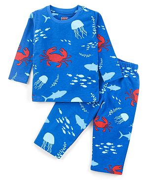 Babyhug Cotton Knit Full Sleeves Night Suit Rocket Print - Blue