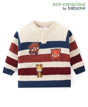 Babyoye Knit Full Sleeves Henlay Striped Sweater with Animals Patch - White Navy & Maroon