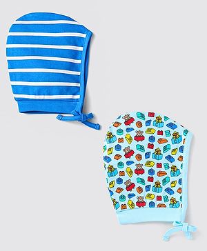 Babyhug 100% Cotton Knit Caps with Bear Print & Stripes Pack of 2 - Blue