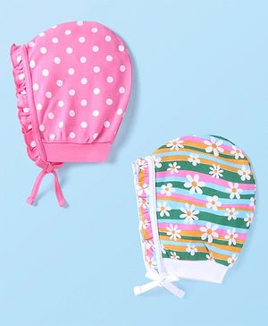 Babyhug 100% Cotton Knit Polka Dot & Floral Printed Caps Pack of 2 - Pink & Green