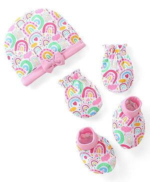Babyhug 100% Cotton Interlock Knit Cap Mitten & Booties with Rainbow  Print & Bow Applique -Pink