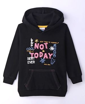 BUMZEE Full Sleeves Typography Printed Hooded Sweatshirt - Black