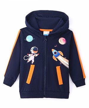 BUMZEE Full Sleeves Space Theme Printed Hooded Sweat Jacket - Navy Blue