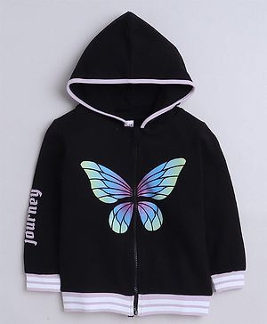 Bumzee Full Sleeves Butterfly Printed Sweat Jacket - Black