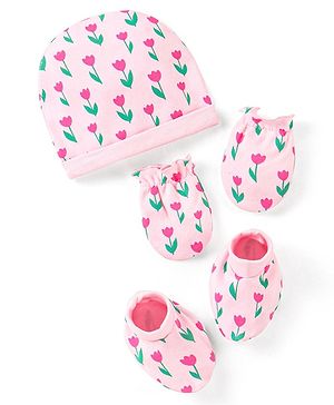 Babyhug Cotton Cap Mittens & Booties with Floral Print - Pink