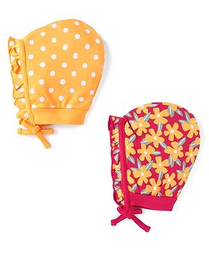 Babyhug 100% Cotton Knit Polka Dot & Floral Printed Caps Pack of 2 - Red & Yellow