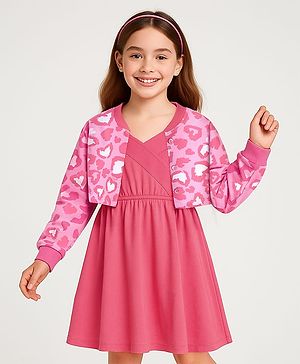 Pine Kids Cotton Knit Full Sleeves Hearts Printed Jacket with Solid Color Frock - Dark Pink