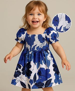 Babyhug Poplin Woven Half Sleeves Frock with Smocking Detailing & Floral Print - White & Navy