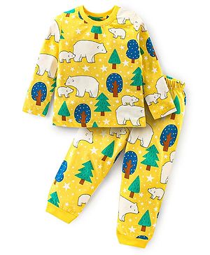 Babyhug Cotton Knit Full Sleeves Night Suit With Polar Bears Print - Yellow