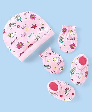 Babyhug 100% Cotton Cap Mittens And Booties Text  Printed - Pink