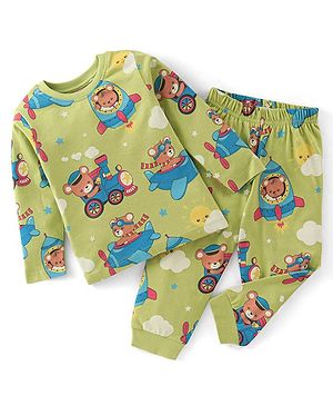 Babyhug Cotton Knit Full Sleeves Night Suit with Dino Print - Lime Green
