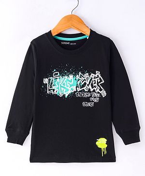Doreme Single Jersey Full Sleeves T-Shirt with Text Print - Black