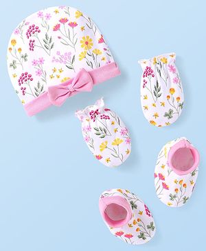 Babyhug 100% Cotton Cap Mittens & Booties With Bow Applique & Floral Design Pink - Diameter 9 cm