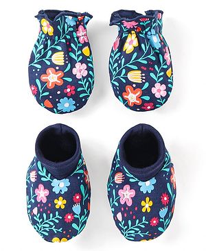 Babyhug 100% Cotton Knit Floral Print Mittens and Booties - Navy Blue