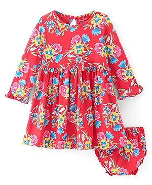 Babyhug Cotton Knit Full Sleeves Frock with Bloomer & Floral Print - Red