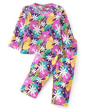 Babyhug Cotton Knit Full Sleeves Night Suit With Floral Print - Purple & Pink
