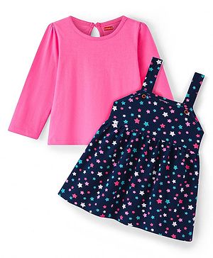 Babyhug Cotton Knit Star Printed Frock with Full Sleeves Inner Top - Pink