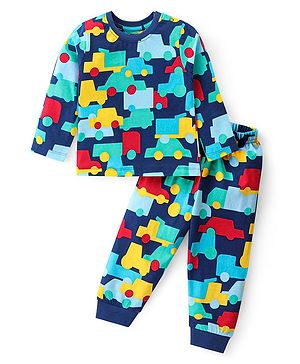 Babyhug Cotton Knit Full Sleeves Night Suit With Vehicles Print - Navy