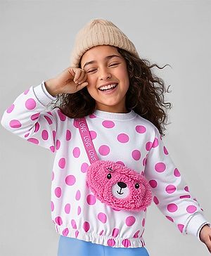 Babyhug Cotton Knit Full Raglan Sleeves Sweatshirt With Bobby Print & Bear Face Sling Bag - White & Pink
