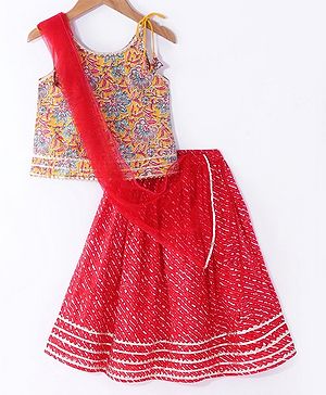 Teentaare Cotton Woven Sleeveless Floral Printed Choli Lehenga & Dupatta Set - Red & Yellow