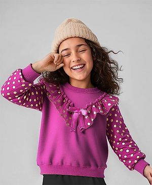 Babyhug Cotton Knit Full Sleeves Sweatshirt with 3D Bow Applique & Frill Detailing - Dark Pink